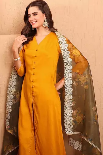 women floral regular thread work kurta with palazzos & with dupatta