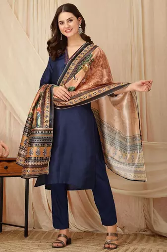 women ethnic motifs regular thread work kurta with trousers & with dupatta