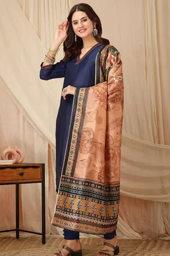women ethnic motifs regular thread work kurta with trousers & with dupatta