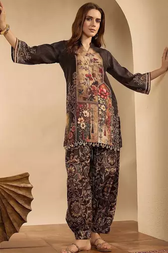 women ethnic motifs printed regular kurta with patiala