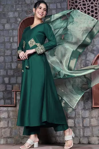women ethnic motifs embroidered regular patchwork kurta with palazzos & with dupatta