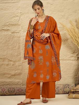 women ethnic motifs printed regular  cotton kurta with palazzos & with dupatta 1
