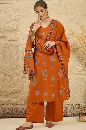women ethnic motifs printed regular  cotton kurta with palazzos & with dupatta