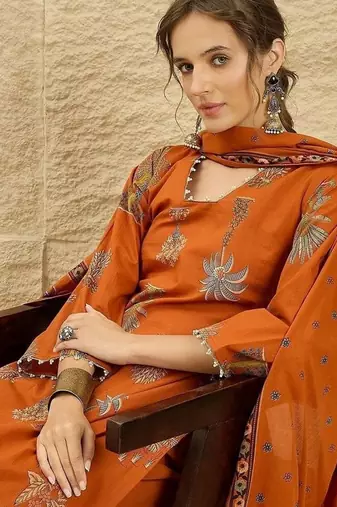 women ethnic motifs printed regular  cotton kurta with palazzos & with dupatta