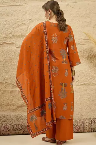 women ethnic motifs printed regular  cotton kurta with palazzos & with dupatta