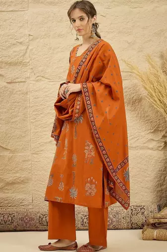 women ethnic motifs printed regular  cotton kurta with palazzos & with dupatta