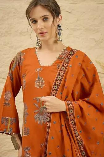 women ethnic motifs printed regular  cotton kurta with palazzos & with dupatta