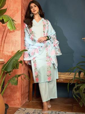 women cotton floral embroidered thread work kurta with palazzos & dupatta 1