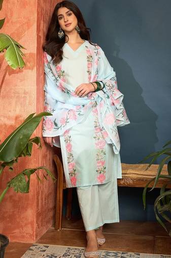 women cotton floral embroidered thread work kurta with palazzos & dupatta