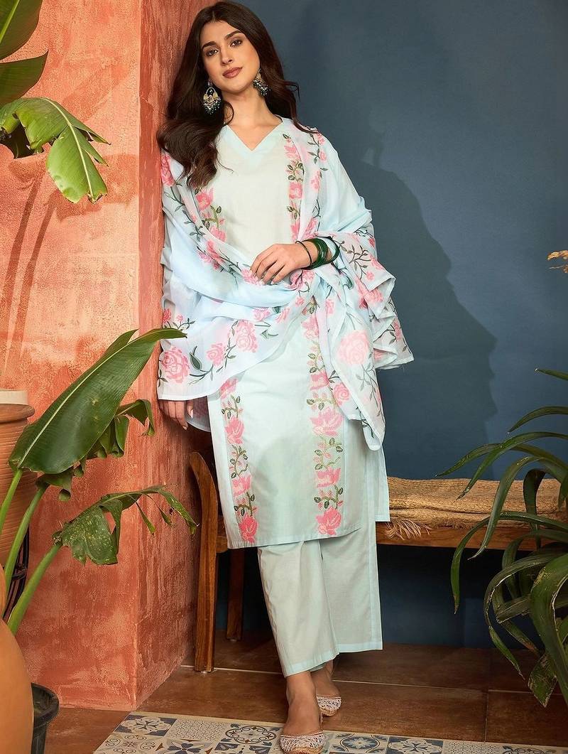 women cotton floral embroidered thread work kurta with palazzos & dupatta