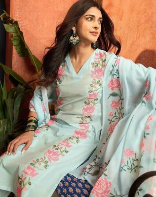women cotton floral embroidered thread work kurta with palazzos & dupatta 2