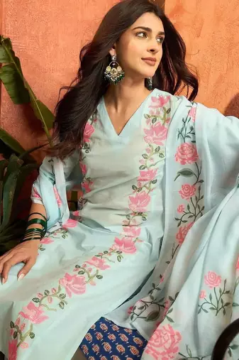 women cotton floral embroidered thread work kurta with palazzos & dupatta
