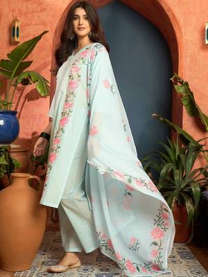 women cotton floral embroidered thread work kurta with palazzos & dupatta 3