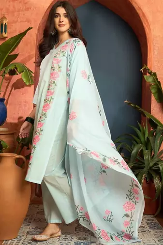 women cotton floral embroidered thread work kurta with palazzos & dupatta