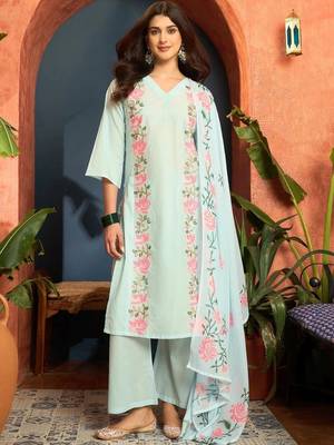 women cotton floral embroidered thread work kurta with palazzos & dupatta 4