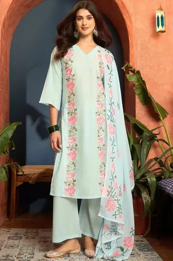 women cotton floral embroidered thread work kurta with palazzos & dupatta