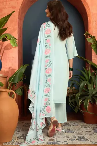 women cotton floral embroidered thread work kurta with palazzos & dupatta