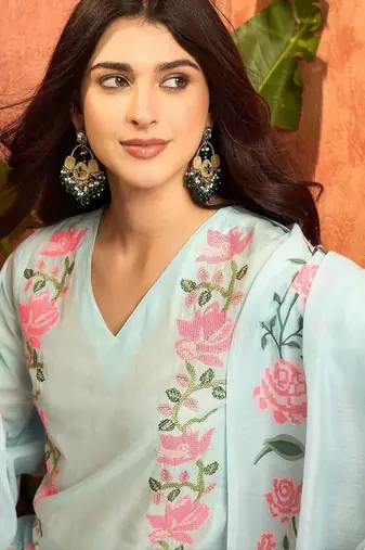 women cotton floral embroidered thread work kurta with palazzos & dupatta