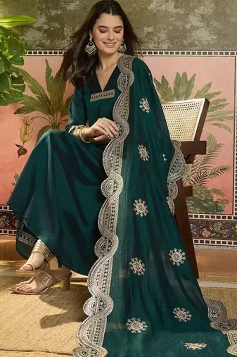 women ethnic motifs regular thread work kurta with palazzos & with dupatta