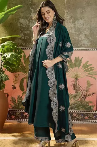 women ethnic motifs regular thread work kurta with palazzos & with dupatta