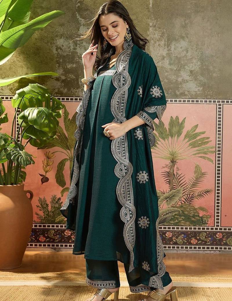 women ethnic motifs regular thread work kurta with palazzos & with dupatta