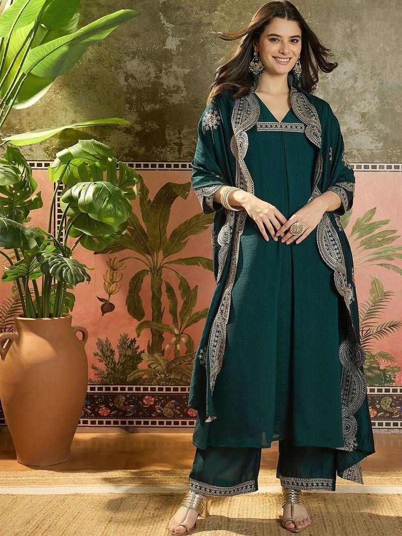 women ethnic motifs regular thread work kurta with palazzos & with dupatta