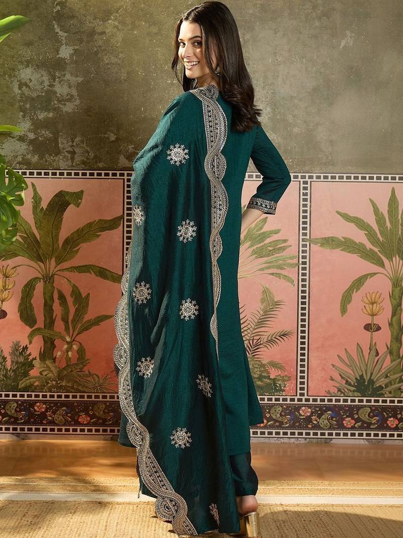 women ethnic motifs regular thread work kurta with palazzos & with dupatta