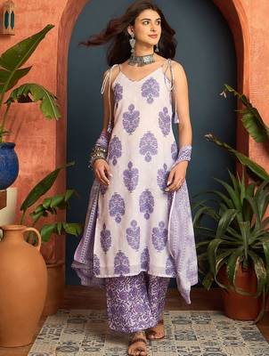 women floral printed regular linen kurta with palazzos & with dupatta 1