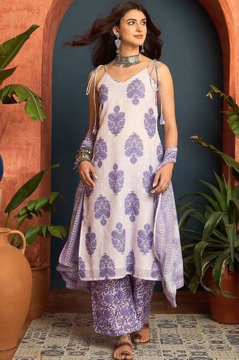 women floral printed regular linen kurta with palazzos & with dupatta