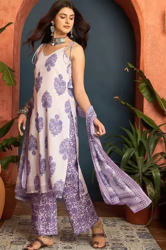 women floral printed regular linen kurta with palazzos & with dupatta