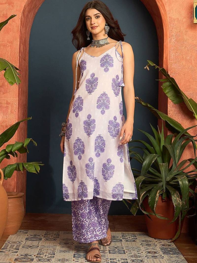 women floral printed regular linen kurta with palazzos & with dupatta