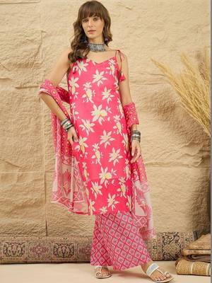women floral printed regular linen kurta with palazzos & with dupatta 1