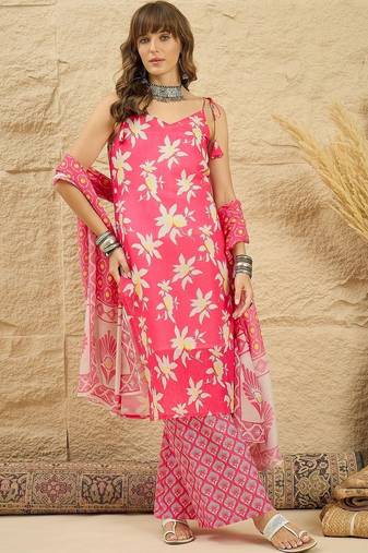 women floral printed regular linen kurta with palazzos & with dupatta