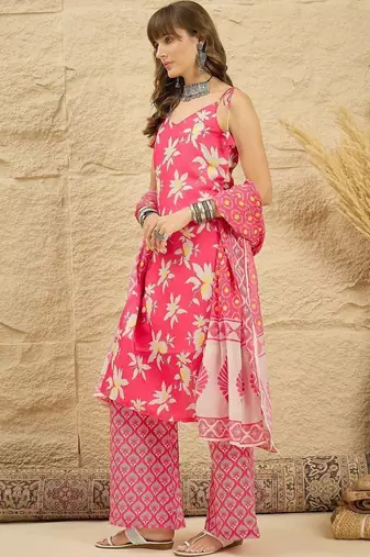 women floral printed regular linen kurta with palazzos & with dupatta