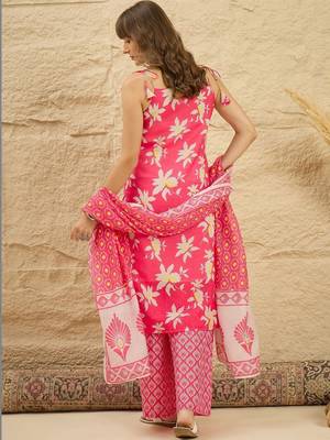 women floral printed regular linen kurta with palazzos & with dupatta 4