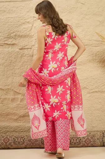 women floral printed regular linen kurta with palazzos & with dupatta