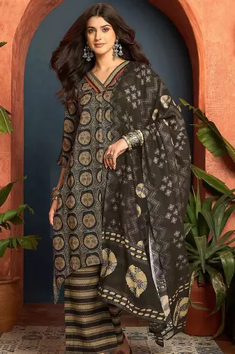 women ethnic motifs printed regular zardozi  cotton kurta with palazzos & with dupatta