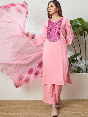 women ethnic motifs embroidered regular thread work kurta with palazzos & with dupatta 1