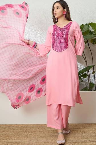 women ethnic motifs embroidered regular thread work kurta with palazzos & with dupatta