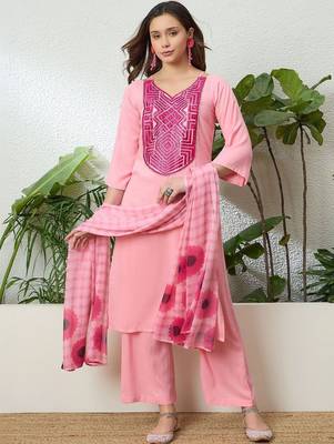women ethnic motifs embroidered regular thread work kurta with palazzos & with dupatta 6
