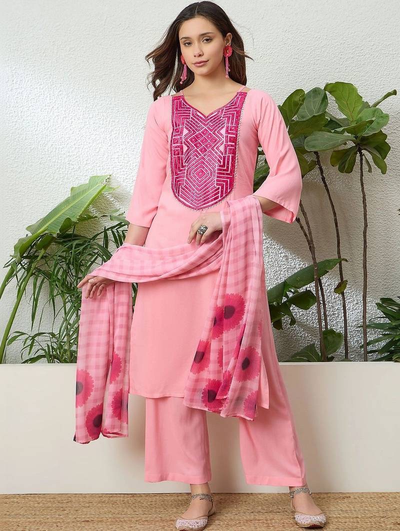women ethnic motifs embroidered regular thread work kurta with palazzos & with dupatta