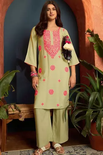 women ethnic motifs embroidered regular thread work kurta with palazzos