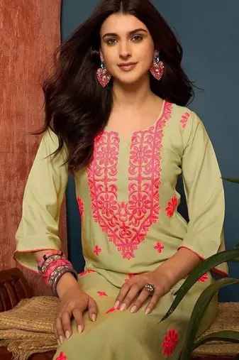 women ethnic motifs embroidered regular thread work kurta with palazzos