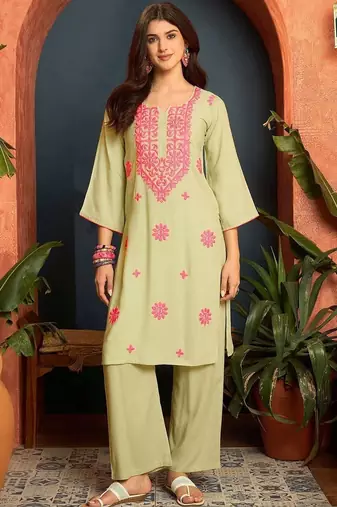 women ethnic motifs embroidered regular thread work kurta with palazzos
