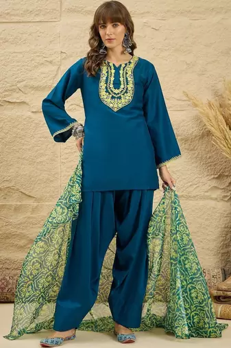 women ethnic motifs embroidered regular thread work kurta with patiala & with dupatta