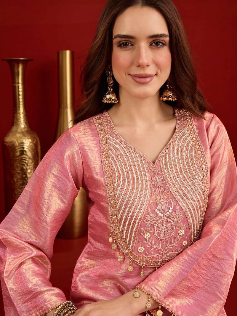 women embroidered regular sequinned kurta with farshi salwar set