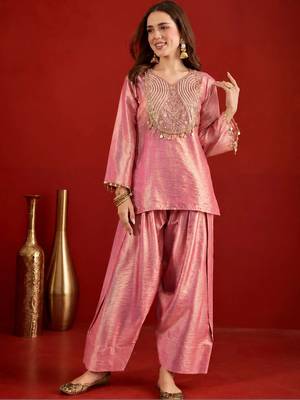 women embroidered regular sequinned kurta with farshi salwar set 1