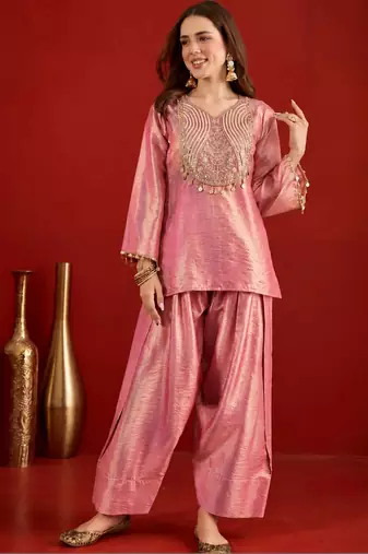 women embroidered regular sequinned kurta with farshi salwar set