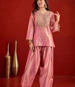 women embroidered regular sequinned kurta with farshi salwar set