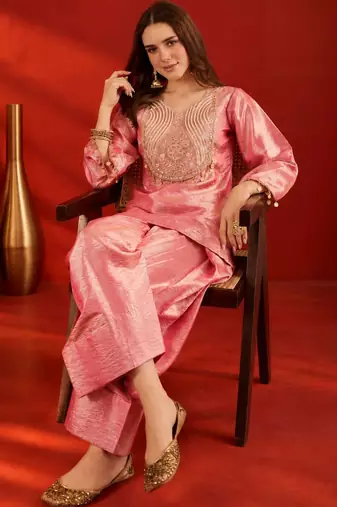 women embroidered regular sequinned kurta with farshi salwar set